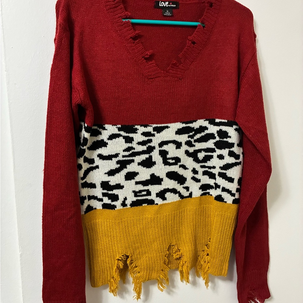 Love Women's Red and Yellow Distressed Sweater